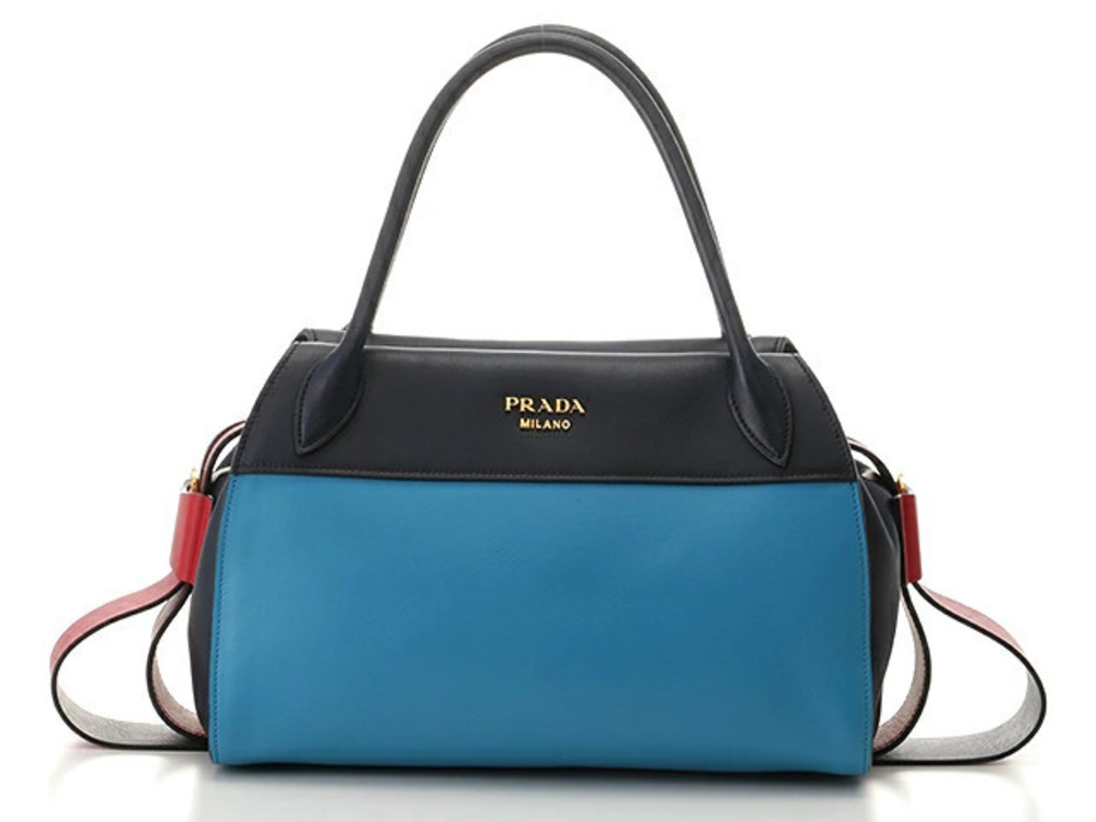 Prada Bag Shoulder Bowling Ribbon Calfskin Red Navy Blue